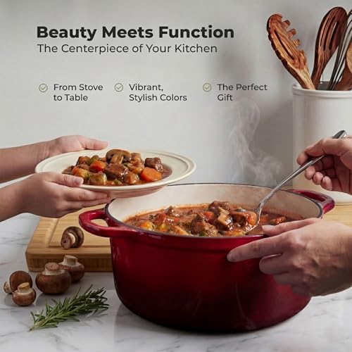 Zulay Kitchen 6.4QT Enameled Cast Iron Dutch Oven Pot with Lid, Heavy-Duty Soup Pot for Stews, Braising, Roasting & Sourdough Bread Baking, Oven Safe up to 500°F – Garnet - Image 7