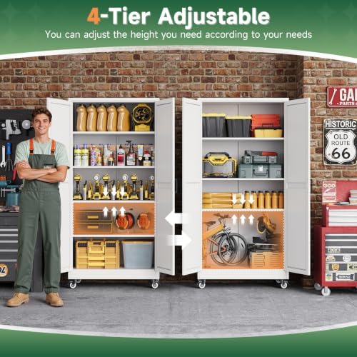 Letaya Metal Garage Storage Cabinet with Wheels,71" White Tool Steel Locker - Image 6