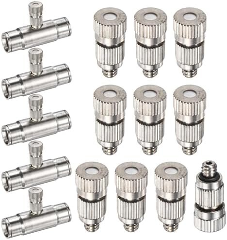 M METERXITY 20-Pack Brass Misting Nozzle Tee Kit, 0.1mm Orifice Dia. High Pressure Spray Misting Nozzle Head, Slip Connectors for 3/8 Inch Drip Irrigation Tubing Kit Outdoor [3/16" Threaded] by MMETERXITY