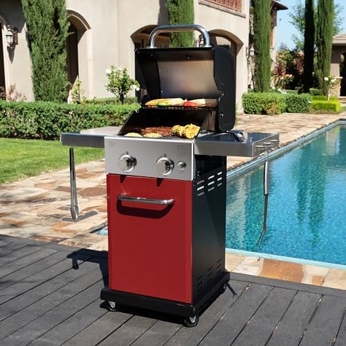 Permasteel 2-Burner Propane Gas Grill, BBQ Grill with Foldable Side Tables & Tool Hooks, Perfect for Outdoor Cooking, Patio & Garden, Red - Image 2