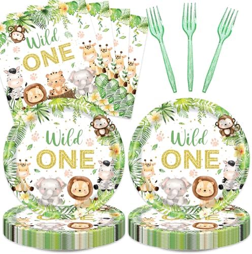 48pcs Wild One Party Decoration Set,16 Dessert plate,16 Napkin And 16 Fork,Safari Jungle Disposable tableware for 16 persons,Used for Boys First 1st Party Supplies by Unknown