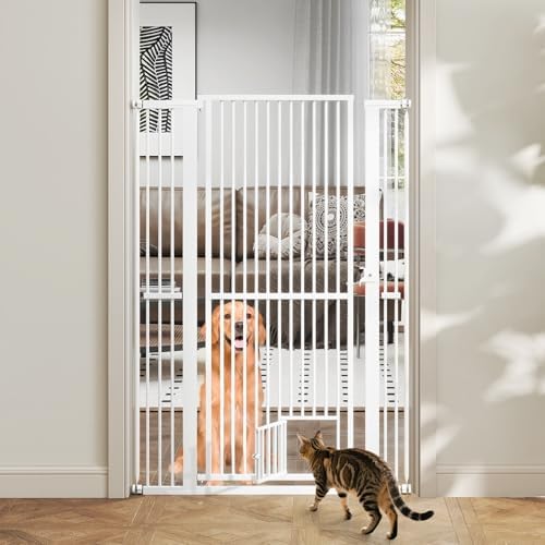 Giantex 59'' Extra Tall Pet Gate for Large Dogs & Cats, Adjustable 30.5''–41'' Wide Dog Gate with Small Pet Door, Extension Kits, Pressure or Hardware Mount, Jump-Proof Indoor Barrier, White by Giantex