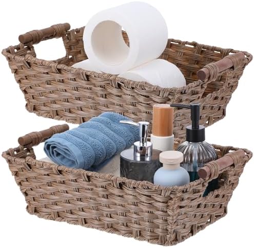 2 Pack Large Waterproof Wicker Storage Basket – 15"x10.6"x5.1" Brown Polypropylene Woven Baskets with Wood Handles & Metal Frame for Pantry, Bathroom, Bedroom, Patio - Image 2