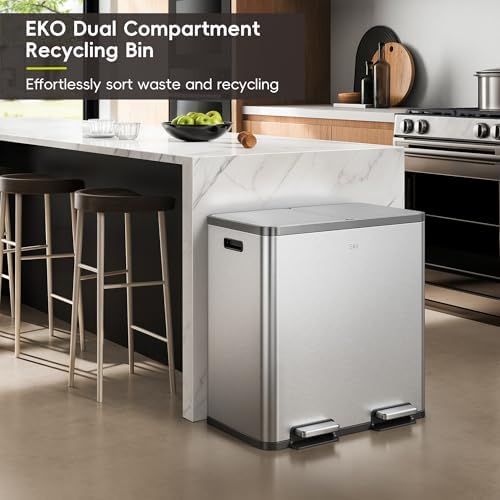 EKO EcoCasa Plus 2 x 10.6 Gal Dual Recycling Trash Can for Kitchen, Large Stainless Steel Step-On Garbage Can with Soft-Close Lids, Odor-Proof and Fingerprint-Resistant, Removable Buckets with Handles - Image 3