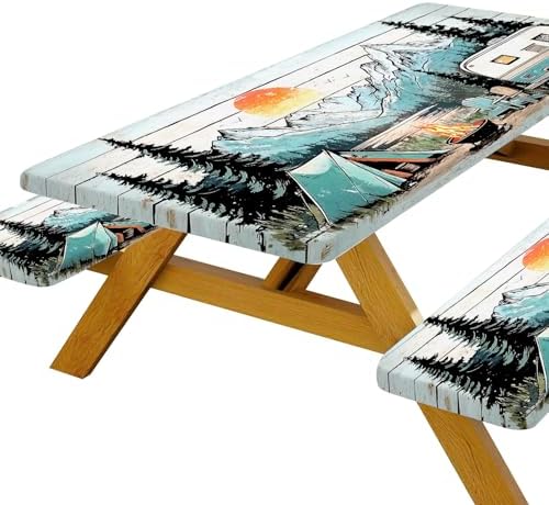 Picnic Table Cover with Bench Covers and Bag, Wooden Camper Waterproof Windproof, Fitted Tablecloth Cover with Elastic Edge, for Indoor & Outdoor, Garden, Camping, 3 Pieces Set, 30x72 Inch - Image 2