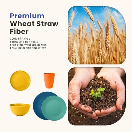 Homienly 40-Piece Premium Wheat Straw Dinnerware Sets, Service for 8, Unbreakable Plates and Bowls Set - Cups Sets, Dinner Plates, Bowls for Kitchen,Dishwasher and Microwave Safe Dishes Set - Multi - Image 3