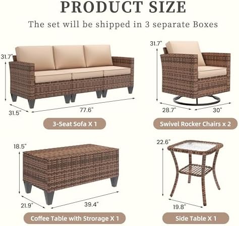 UDPATIO Patio Furniture Set, 5 Pieces Outdoor Conversation Sets with Rocking Swivel Chairs, Wicker Rattan Outdoor Sofa Set with Storage Table and Waterproof Covers for Backyard, Deck, Porch, Khaki - Image 3
