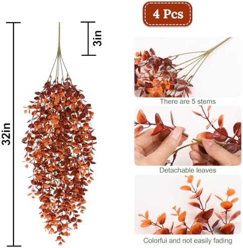 Waipfaru 4Pcs Fake Hanging Plants, Red-Brown Eucalyptus Fake Vines Ivy - Image 4