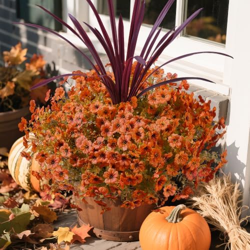 Fall Flowers Artificial Mums for Outdoors Autumn Decor, 12 Bundles Orange Fake Fall Mums with 1 pcs Burgundy Orchid Leaf UV Resistant Look Real Faux Flowers for Outside Planter Home Porch Patio Yard - Image 4