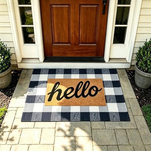 MUBIN Cotton Buffalo Plaid Rug, 27.5x43 Navy Blue White Outdoor Rug Front Door Decorative Mat, Washable Doormat Foldable Area Rug Layered Door Mats Rug for Front Porch, Entryway, Patio - Image 6