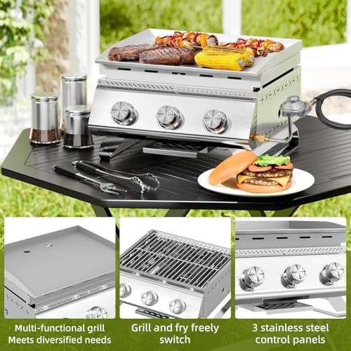 Electactic 3-Burner Stainless Steel 2-in-1 Tabletop Grill and Griddle Combo, 24,000 BTU Portable Flat Top Propane Gas Grill for Commercial BBQ, Outdoor Cooking, Camping, Tailgates & Backyard - Image 4