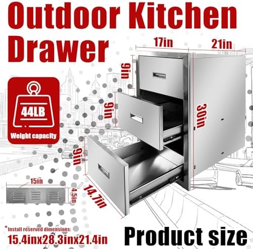 Outdoor Kitchen Triple Drawers 17'' W x 30'' H x 21'' D Stainless Steel BBQ Island Drawers with Handle Enclosed Built-in Flush Mount Drawer for Outdoor Kitchen Island Patio Grill Station - Image 3