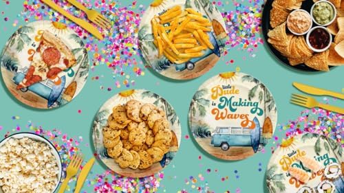 Birthday Galore Little Dude Making Waves Surfing Baby Shower - 32 Piece Disposable Party Supplies - Surfer Baby Shower Decorations - Round Party Plates - Large 9" Paper Plates In Bulk - Image 7