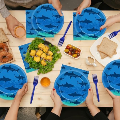 96PCS Shark Birthday Paper Plates Napkins Forks Set for Ocean Shark Themed Party Disposable Decor Under the Sea Party Tableware Sets for Baby Shower Ocean Animal Theme Party Decorations - Image 6
