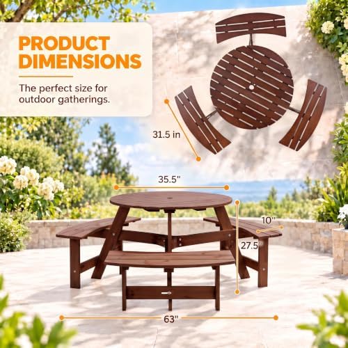 6 Person Wooden Picnic Table, Outdoor Round Picnic Table with 4 Built-in Benches, Umbrella Hole, Outside Table and Bench Set for Patio, Backyard, 500lbs Capacity Per Bench (Brown - 6 Person) - Image 2