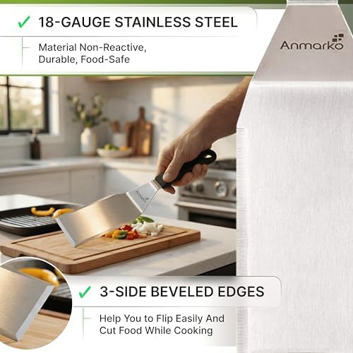 Anmarko Stainless Steel Metal Spatula, Hamburger Turner with Black Handle and S-Hook - Image 2