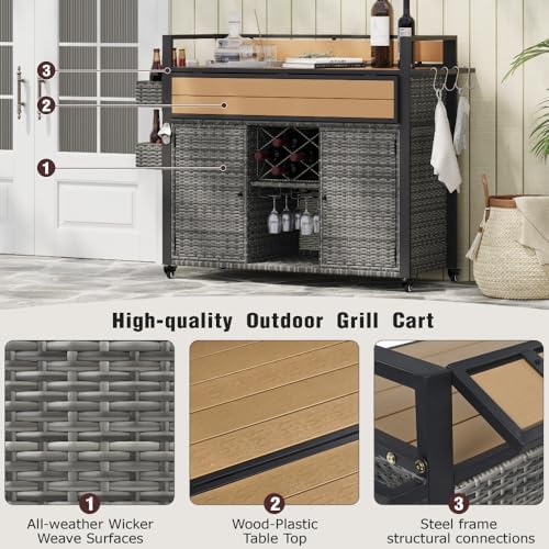 52.8" Wicker Outdoor Grill Cart with Extended Top & Storage - Image 5