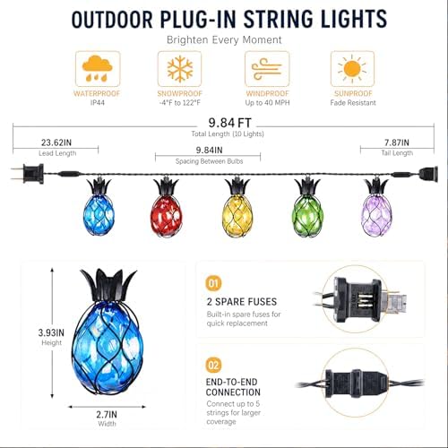 Vigdur Pineapple String Lights, 10FT Multicolor Patio Lights Outdoor - Image 4