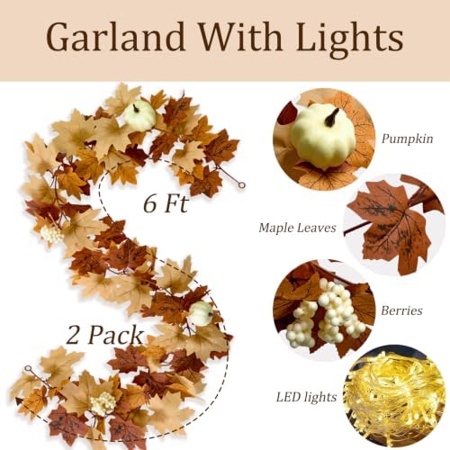 2 Pack Fall Garland with Lights-Total 12Ft Autumn Leaves Garland for Mantle Fireplace-Brown Fall Decor for Front Door with Pumpkins Indoor Maple for Stairs Porch Thanksgiving Decorations - Image 2