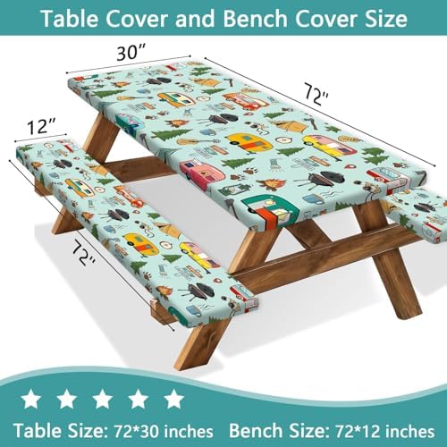 Camping Picnic Table Cover with Bench Covers and Bag, Camping Essentials, Waterproof Windproof Fabric, Fitted Tablecloth Cover with Elastic Edge, for Indoor & Outdoor, Garden, 3 PCS, 30x72 Inch - Image 2