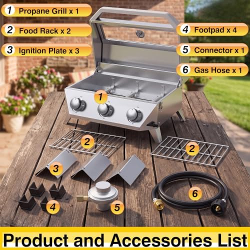 BESTFIRE 3 Burner Propane Grill, 30000 BTU Stainless Steel Tabletop BBQ, Portable Gas BBQ with Glass Lid, Thermometer & Dual Tank Adapter for 1lb/20lb, Outdoor Camping Tailgating 29.72" Wide - Image 3