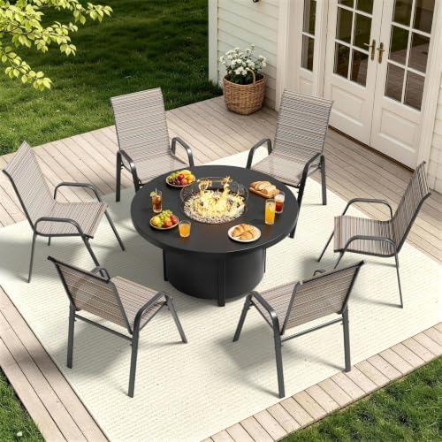 7 Pieces Outdoor Patio Furniture Set with 48" 55000 BTU Round Propane Fire Pit Table,Patio Dining Set Outdoor Conversation Sets 6 Teslin Chairs for Deck,Backyard and Garden - Image 2