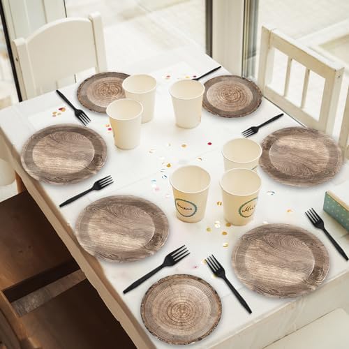 gisgfim 48 Pcs Rustic Wooden Tree Party Plates Supplies Tableware Set Lumberjack Party Decorations Camping Hunting Theme Party Table Supplies Favors Decors for Guests - Image 5
