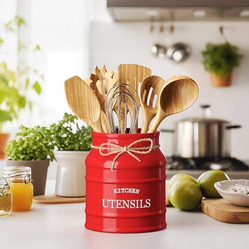 Barnyard Designs Ceramic Kitchen Utensil Holder Countertop 6.75″ (Red) - Image 2