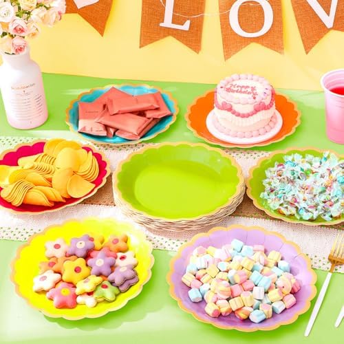 96 Pcs Sage Paper Plates 9 Inch Scalloped Neon Colorful - Image 6