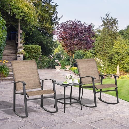 Shintenchi Rocking Chair Outdoor with Table, 3 Piece Rocking Patio Bistro Set, Outdoor Furniture Set with Metal Frame and Textilene Fabric for Small Space, Brown - Image 5
