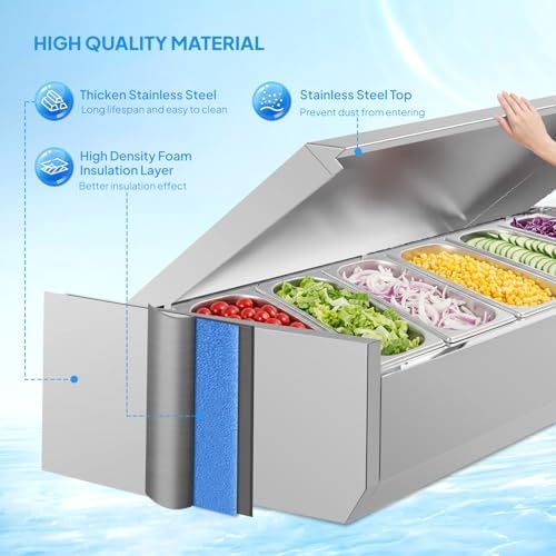 ROVSUN Refrigerated Condiment Prep Station, 59" Sandwich Prep Table ETL NSF, 34.2QT Salad Bar Prep Rail w/Auto Defrost, Temp Control, Stainless Steel Cover & 6 * 1/3 Pan for Restaurant Food Truck - Image 3