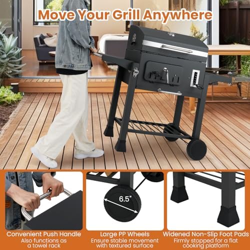 Happygrill Barrel Charcoal Grill with 2 Folding Side Tables & 2 Wheels - Image 6