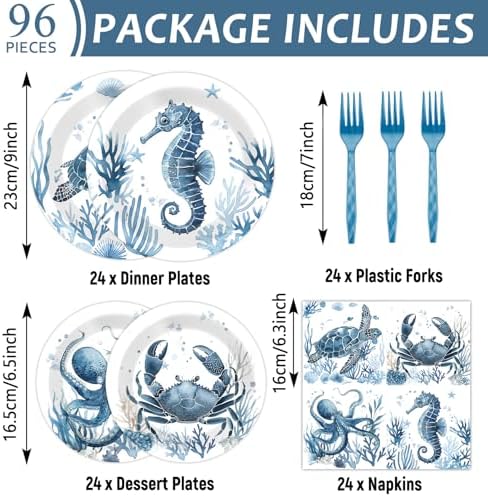 96PCS Summer Ocean Animal Party Paper Plates and Napkins Set for Under the Sea Party Paper Plates Underwater Creature Disposable Decor Sea Parties Set for Kids Birthday Gatherings Decorations - Image 2