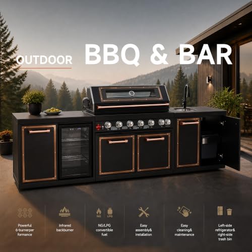 114" Black Titanium Outdoor Kitchen Island, 6-Burner Gas Grill & Sink - Image 4