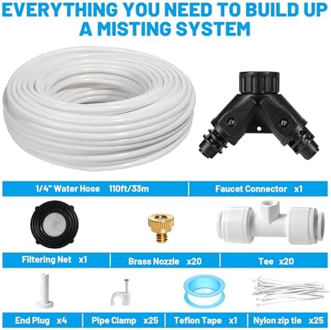 Riboud 110FT Mister for Outside Patio Misting Cooling System with 20 Brass Mist Nozzles+Water Filter+Y Connector, Leak-Resistant Misters for Backyard, Garden, Pool, Deck, Greenhouse - White - Image 2