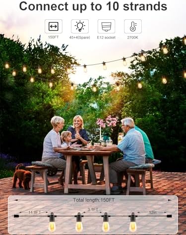 Svater Outdoor String Lights 150 FT, Patio Lights for Outside with Shatterproof Bulbs, IP65 Waterproof Commercial Grade LED Hanging Light for Backyard Bistro Market Cafe, Black - Image 3