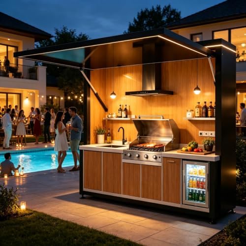 Outdoor Kitchen Pod with Built-in BBQ Grill and Storage Stainless Steel Cooking Station Prefabricated Cooking Set All-Weather Portable Garden Shed for Backyard Parties and Garden Entertaining - Image 2