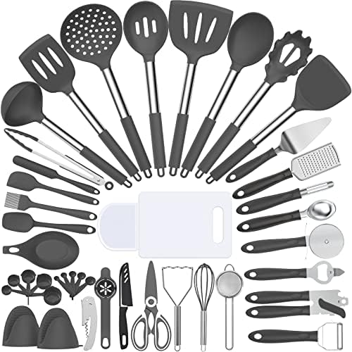 Silicone Cooking Utensil Set, Umite Chef 43 PCS Heat Resistant Kitchen Utensil Gadgets Set-Stainless Steel Handle- Kitchen Spatula Tools for Nonstick Cookware, Pots and Pans Accessories(Grey) by UmiteChef
