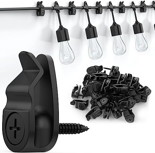 Outdoor String Lights Clips, Weatherproof Cable Hanger Hooks for Hanging Fairy Lights, Holiday Decor - Black, 50 Pack by Lewufe