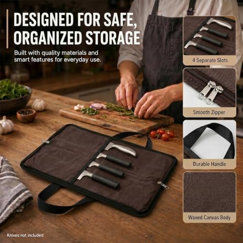 4 Slots Chefs Knife Roll Bag Cutlery Storage Case Mens Travel Brown - Image 3