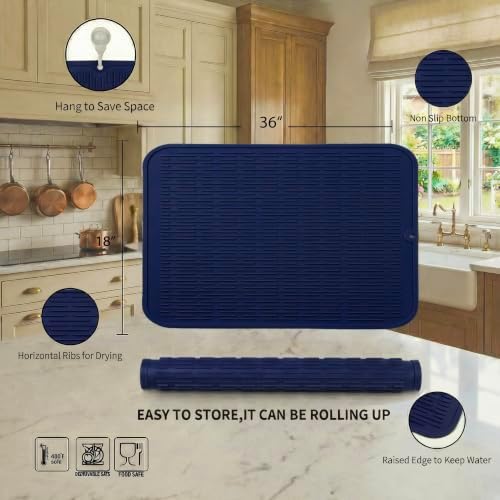 MicoYang Silicone Dish Drying Mat for Multiple Usage,Easy clean,Eco-friendly,Heat-resistant Silicone Mat for Kitchen Counter or Sink,Refrigerator or Drawer Liner Navy Blue 5XL 36inches x 18inches - Image 2