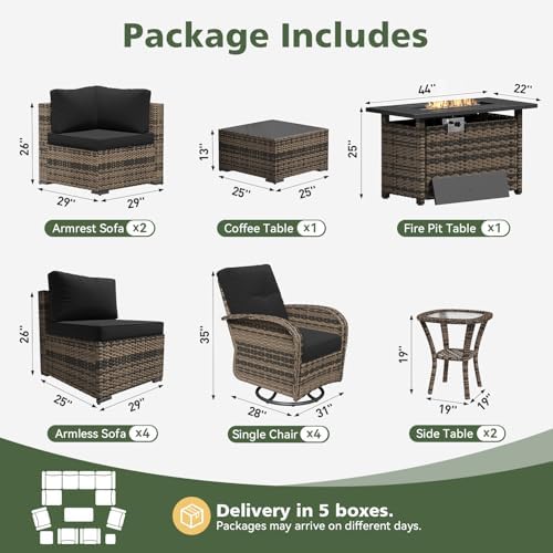 Aoxun 14 Piece Outdoor Patio Furniture Set with 44'' Fire Pit Table, Wicker Rattan Outdoor Furniture with High Back Swivel Rocker Chairs, Outdoor Conversation Set with Thick Cushion, Black - Image 2