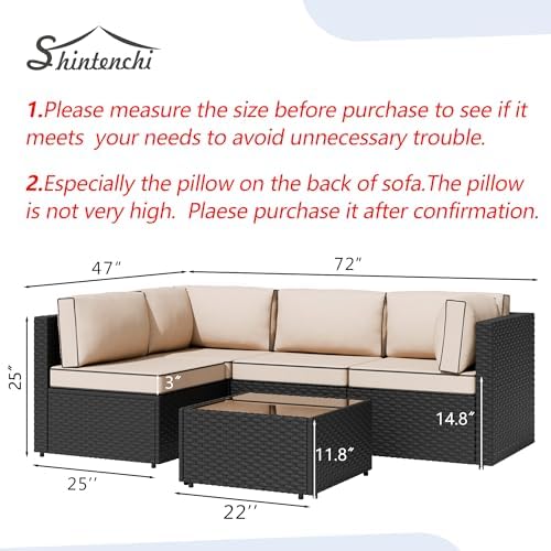 Shintenchi 5 Piece Outdoor Patio Furniture Set with Black PE Rattan, Khaki - Image 5
