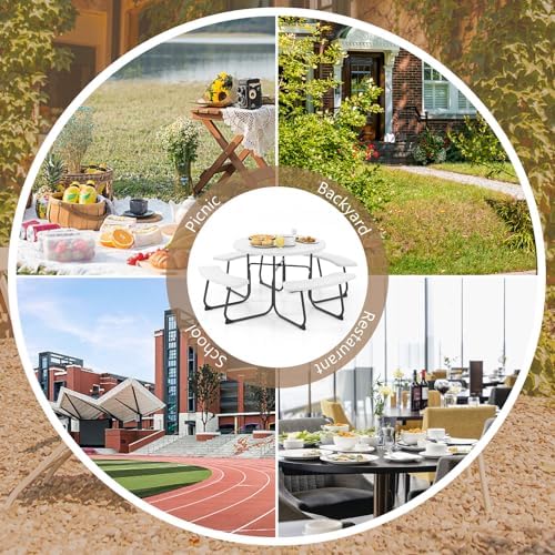 COSTWAY Round Outdoor Picnic Table with Bench Set for 4-8 People (White) - Image 7