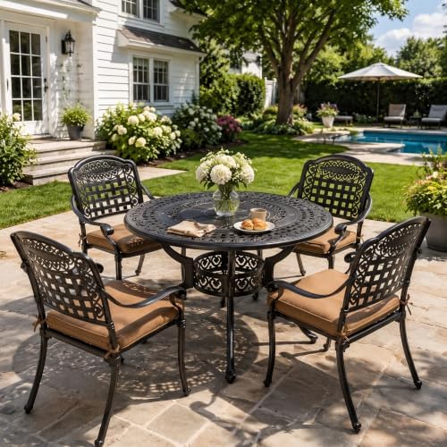 VIVIJASON 5-Piece Patio Furniture Dining Set, All-Weather Cast Aluminum Outdoor Conversation Set, Include 4 Cushioned Chairs and 1 Round Table w/Umbrella Hole for Balcony, Lawn, Garden, Backyard - Image 2