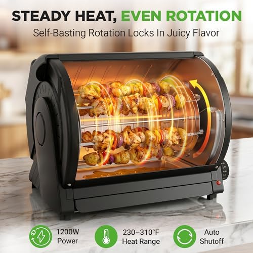 NutriChef Horizontal Rotating Shawarma Oven | Rotisserie, Shawarma & Kebab Machine | Includes Large 22.4 Quart Capacity, 3-Hour Timer & 6 Kebab Skewers | Ideal for Chicken,Turkey & Lamb | Black - Image 6