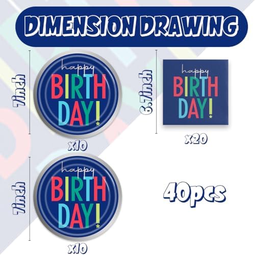 40Pcs Blue Happy Birthday Decorations - Birthday Party or Baby Shower Supplies Disposable Tableware Paper Blue Plates and Napkins Set for 20 Guests - Image 2