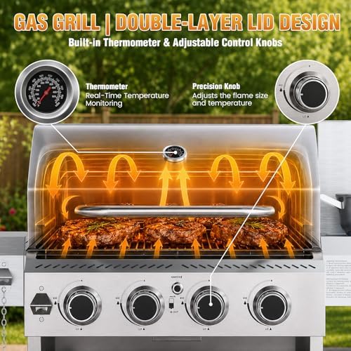 Electactic Stainless Steel 4-Burner Gas Grill with Side Burner – 42000BTU Propane BBQ Grill with Thermometer, Heavy-Duty Grill for Outdoor Patio and Backyard Cooking - Image 4