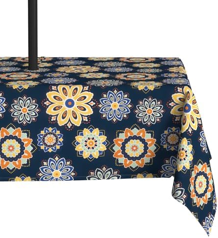 LVTXIII Rectangle Outdoor Tablecloth with Umbrella Hole and Zipper, Water-Repellent 60 x 84 Inch Patio Table Cover for Picnic, Garden, Backyard Dining, Bloom Cobalt by LVTXIII