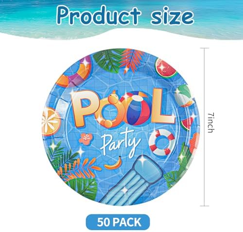 50PCS Pool Party Paper Plates, 7Inch Summer Pool Themed Dessert Plates Disposable Tableware Set Beach Party Supplies Decorations for Birthday, Baby Shower, Hawaii Holiday - Image 3